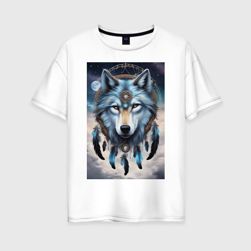 Женская футболка оверсайз из хлопка с принтом Шаман волк, вид спереди №1
