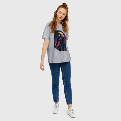 Женская футболка хлопок Oversize с принтом Киберпанк оборотень, вид сбоку #3