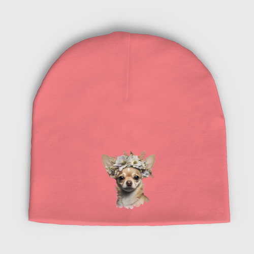 Мужская шапка демисезонная Чихуахуа кремовый с венком из цветов, цвет розовый