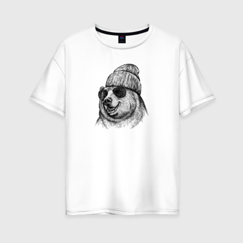 Женская футболка хлопок Oversize Медведь в шапке, цвет белый