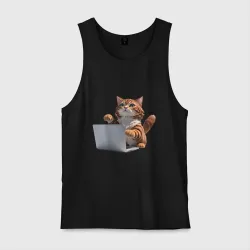 Мужская майка хлопок Котик кодит за ноутбуком