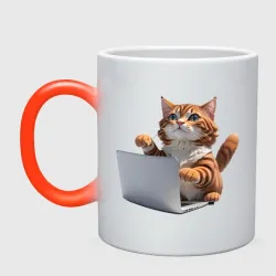 Кружка хамелеон Котик кодит за ноутбуком