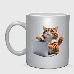 Кружка керамическая Котик кодит за ноутбуком