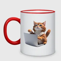 Кружка двухцветная Котик кодит за ноутбуком