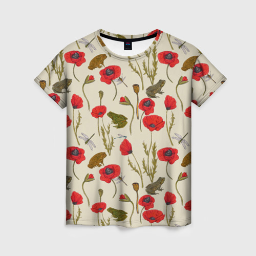 Женская футболка с принтом Маки и лягушки, вид спереди №1