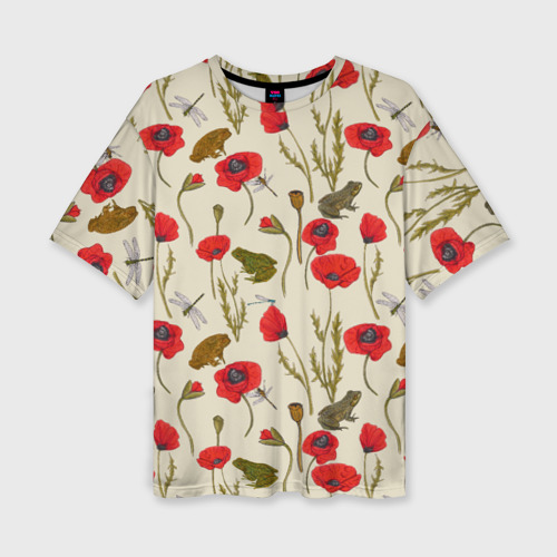 Женская футболка Oversize с принтом Маки и лягушки, вид спереди №1