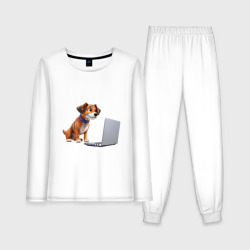 Женская пижама с лонгсливом хлопок Собака и ноутбук