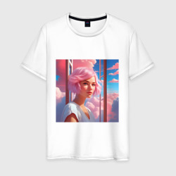 Мужская футболка хлопок Красивая девушка на фоне окна и розовых облаков