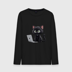 Черный кот за ноутбуком – Мужской лонгслив хлопок с принтом купить со скидкой в -20%