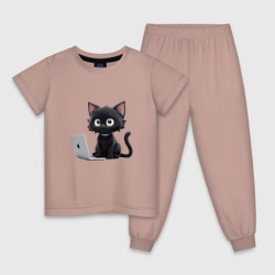 Детская пижама хлопок Черный кот за ноутбуком