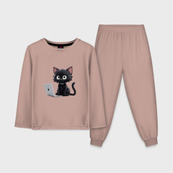 Детская пижама с лонгсливом хлопок Черный кот за ноутбуком