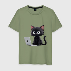 Мужская футболка хлопок Черный кот за ноутбуком