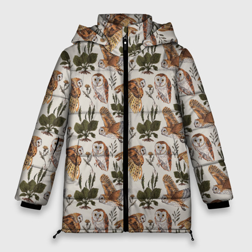 Женская зимняя куртка 3D с принтом Совы и подорожник, вид спереди #2