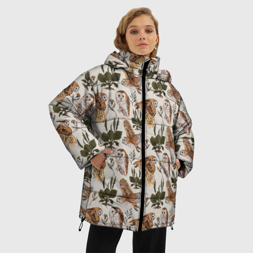 Женская зимняя куртка 3D с принтом Совы и подорожник, фото на моделе #1