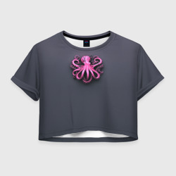 Женская футболка Crop-top 3D Розовый осьминог на сером фоне