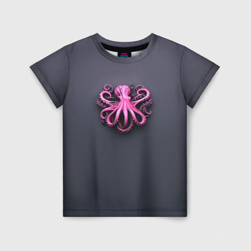 Детская футболка 3D с принтом Розовый осьминог на сером фоне, вид спереди #2