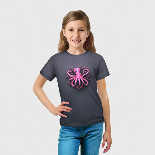 Детская футболка 3D с принтом Розовый осьминог на сером фоне, вид сбоку #3