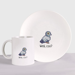 Набор: тарелка + кружка The confused pigeon - pixels