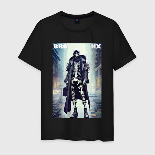 Мужская футболка хлопок Скелет в кожаном плаще в Бронксе, цвет черный