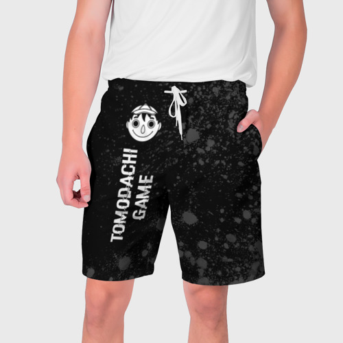 Мужские шорты 3D с принтом Tomodachi Game glitch на темном фоне: по-вертикали, вид спереди #2