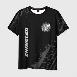 Мужская футболка 3D Chrysler Speed на темном фоне со следами шин: надпись, символ