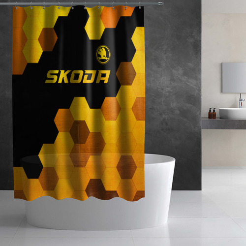 Штора 3D для ванной Skoda - gold gradient: символ сверху - фото 3