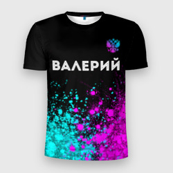 Мужская футболка 3D Slim Валерий и неоновый герб России: символ сверху