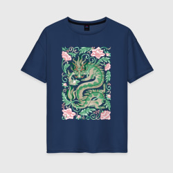 Женская футболка хлопок Oversize Зеленый дракон среди цветов: символ 2024