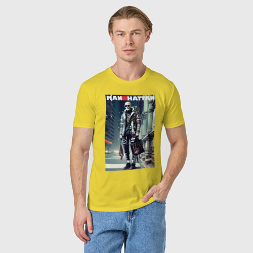 Мужская футболка хлопок Модный чувак в Манхэттене - нейросеть, цвет желтый - фото 3