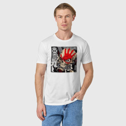 Футболка с принтом Обложка альбома AfterLife группы Five Finger Death Punch для мужчины, вид на модели спереди №2. Цвет основы: белый