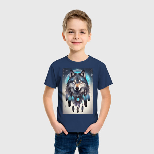 Детская футболка хлопок Шаман волк, цвет темно-синий - фото 3