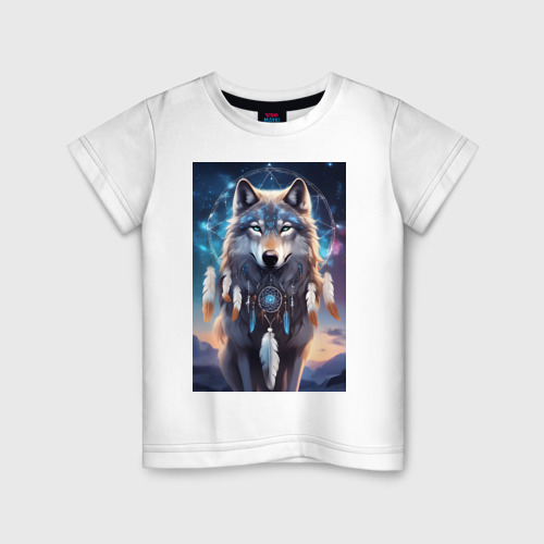 Детская футболка из хлопка с принтом Шаман волк, вид спереди №1