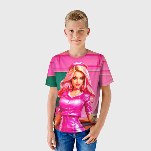 Детская футболка 3D с принтом Девушка в пурпурном платье в розовой комнате, фото на моделе #1