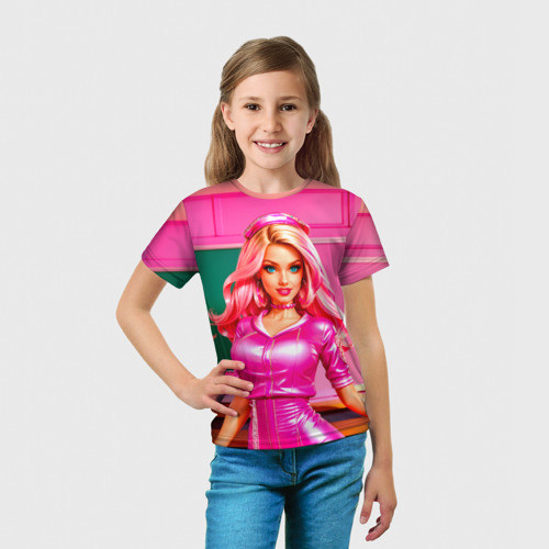 Детская футболка 3D с принтом Девушка в пурпурном платье в розовой комнате, вид сбоку #3