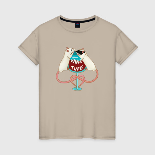 Женская футболка хлопок Винный час в компании крыс, цвет миндальный