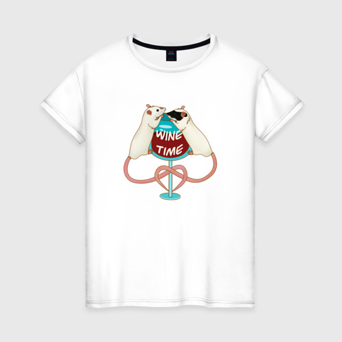 Женская футболка из хлопка с принтом Винный час в компании крыс, вид спереди №1