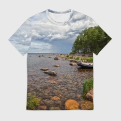 Мужская футболка 3D Лодка на Ладоге