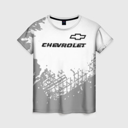 Женская футболка 3D Chevrolet Speed на светлом фоне со следами шин: символ сверху