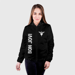 Женская куртка 3D Bon Jovi glitch на темном фоне: надпись, символ - фото 2