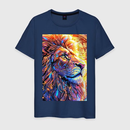 Мужская футболка из хлопка с принтом Лев огненная грива, вид спереди №1