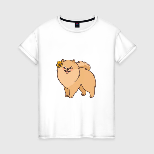 Женская футболка из хлопка с принтом Милая собачка Шпиц, вид спереди №1