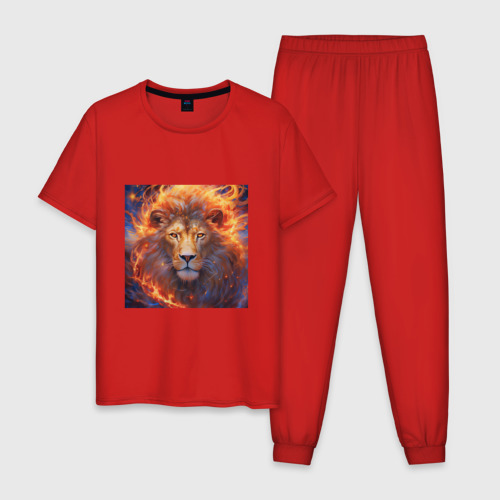 Мужская пижама хлопок Лев пылающая грива, цвет красный