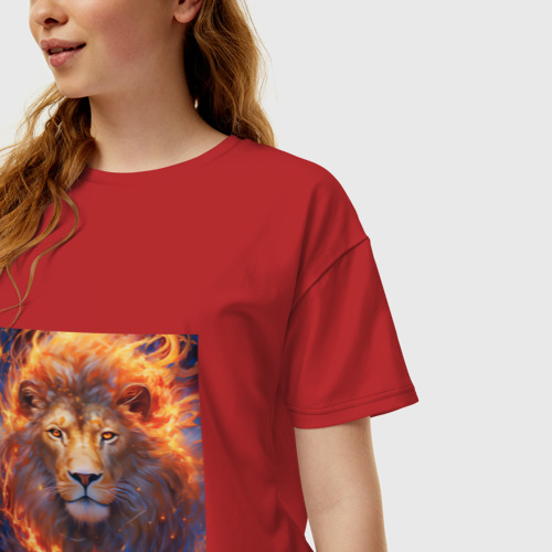 Женская футболка хлопок Oversize Лев пылающая грива, цвет красный - фото 3