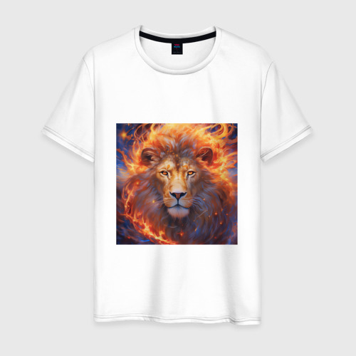 Мужская футболка из хлопка с принтом Лев пылающая грива, вид спереди №1
