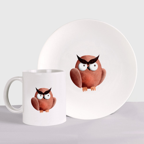 Набор: тарелка + кружка Сердитая сова с круглыми глазами