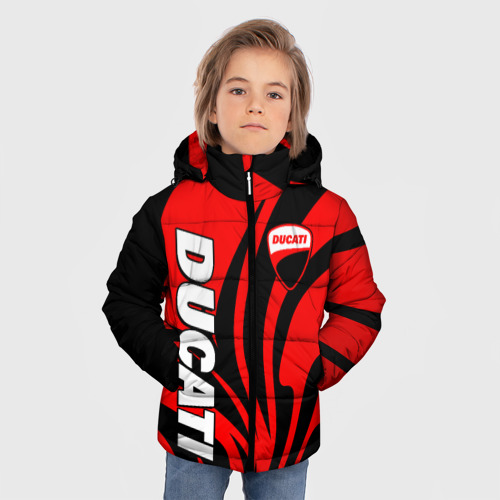 Зимняя куртка для мальчиков 3D с принтом Ducati - red stripes, фото на моделе #1