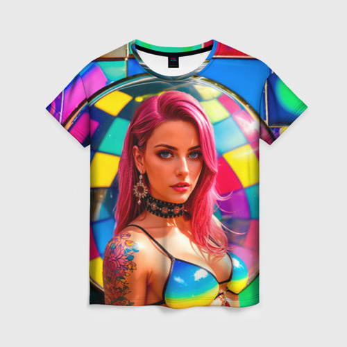 Женская футболка 3D Девушка на фоне разноцветных плиток, цвет 3D печать
