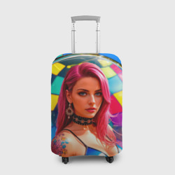 Чехол для чемодана 3D Девушка на фоне разноцветных плиток