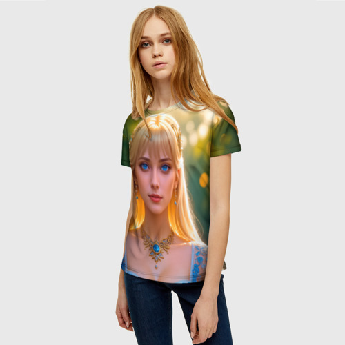 Женская футболка 3D Девушка блондинка в голубом кружевном платье, цвет 3D печать - фото 3