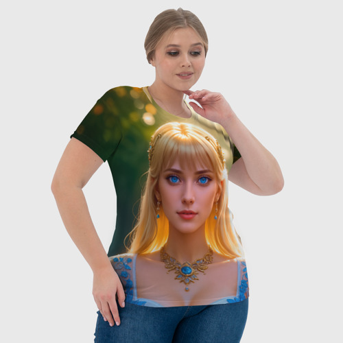 Женская футболка 3D Девушка блондинка в голубом кружевном платье, цвет 3D печать - фото 6